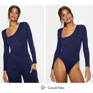 Prettylittlething dark blue asymmetric thong bodysuit size 6 us NWOT